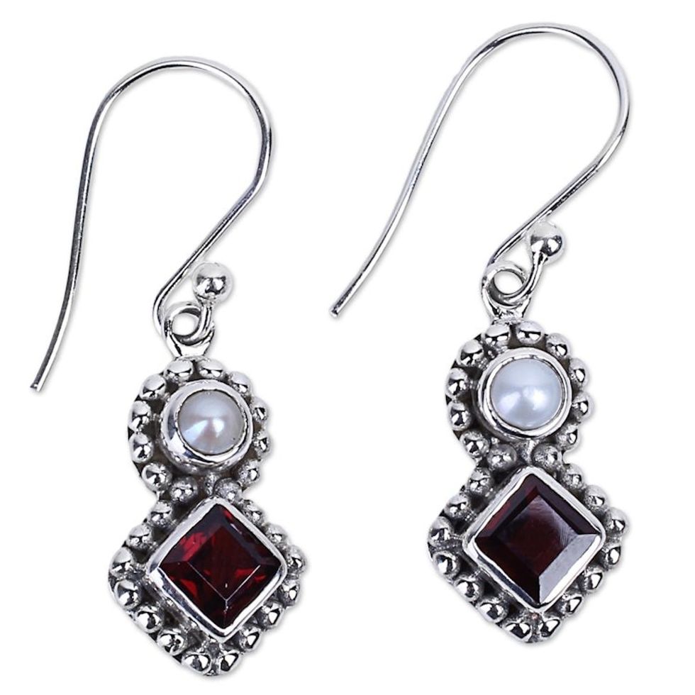 Garnet and Cultured Pearl Dangle Earrings in Silver 925 'Kolkata Sparkle'