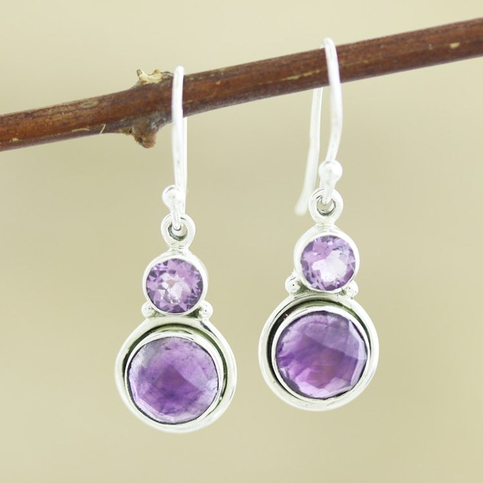 Hand Crafted Amethyst Gemstone Dangle Earrings 'Charming Pair in Purple'