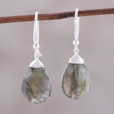 Alternate image for Faceted Labradorite Teardrop Sterling Silver Dangle Earrings Mystical Forest