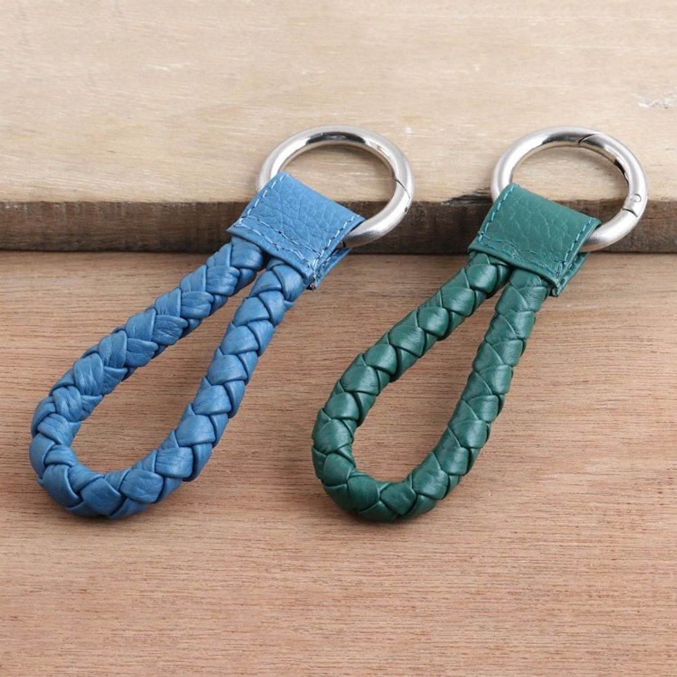 Braided Leather Key Fobs Pair 'Trendy Duo'