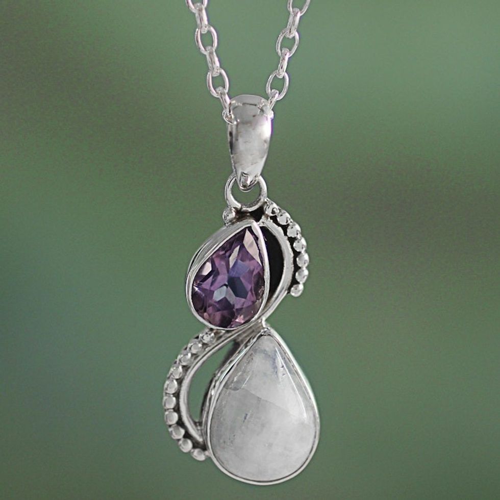 Silver and Rainbow Moonstone Necklace with Faceted Amethyst 'Two Teardrops'