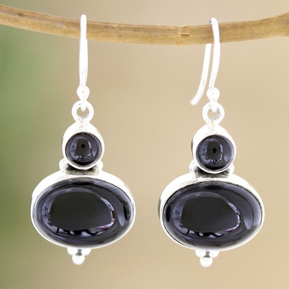 Sterling Silver Dangle Earrings with Black Onyx Cabochons 'Midnight Dancer'