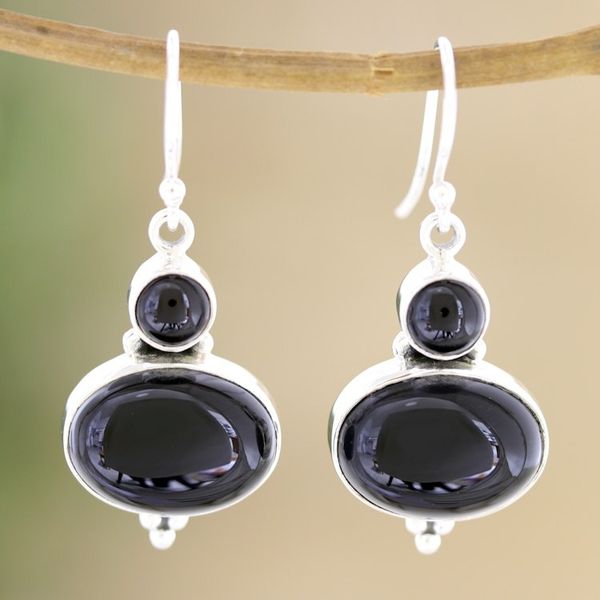 Alternate image for Sterling Silver Dangle Earrings with Black Onyx Cabochons Midnight Dancer