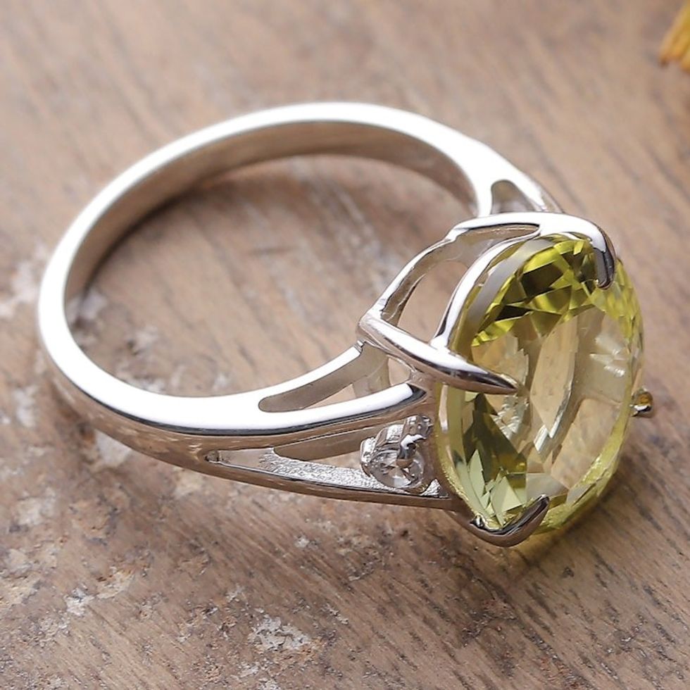 Faceted Five-Carat Lemon Quartz Cocktail Ring from India 'Harmony Glam'