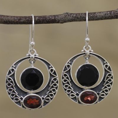 Alternate image for Onyx and Garnet Circular Dangle Earrings from India Dancing Loops