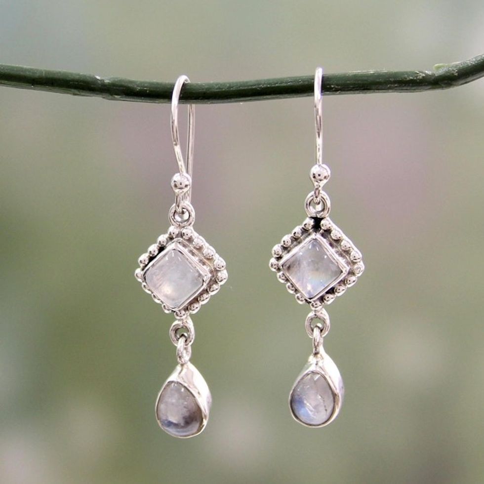 Silver and Rainbow Moonstone Earrings Handmade in India 'Queen of Diamonds'