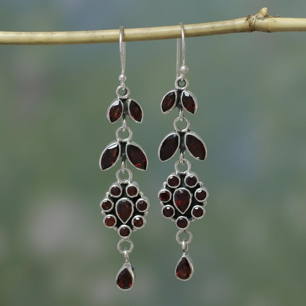 Handcrafted Floral Sterling Silver and Garnet Earrings 'Red Rose'