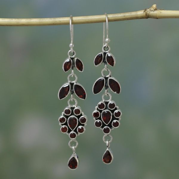 Alternate image for Handcrafted Floral Sterling Silver and Garnet Earrings Red Rose