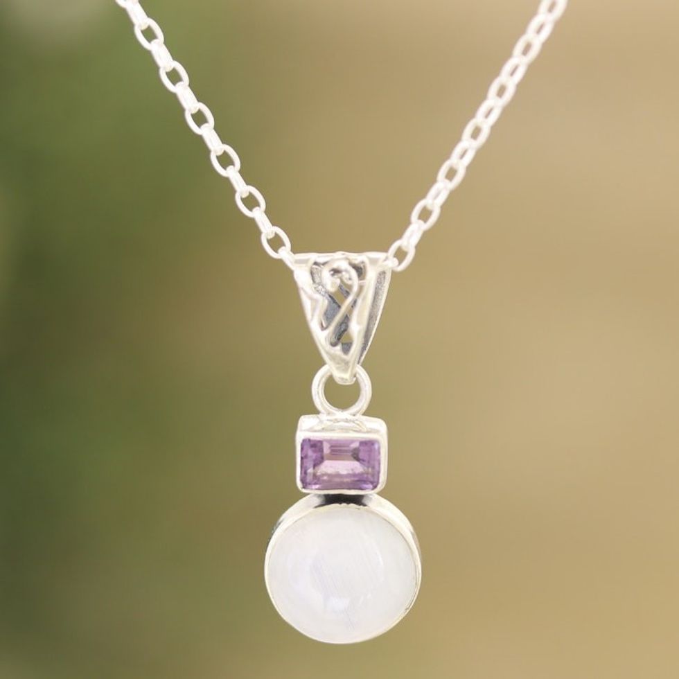 Rainbow Moonstone and Amethyst Pendant Necklace from India 'Stylish Alliance'