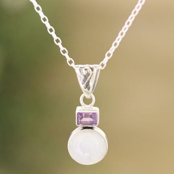Alternate image for Rainbow Moonstone and Amethyst Pendant Necklace from India Stylish Alliance