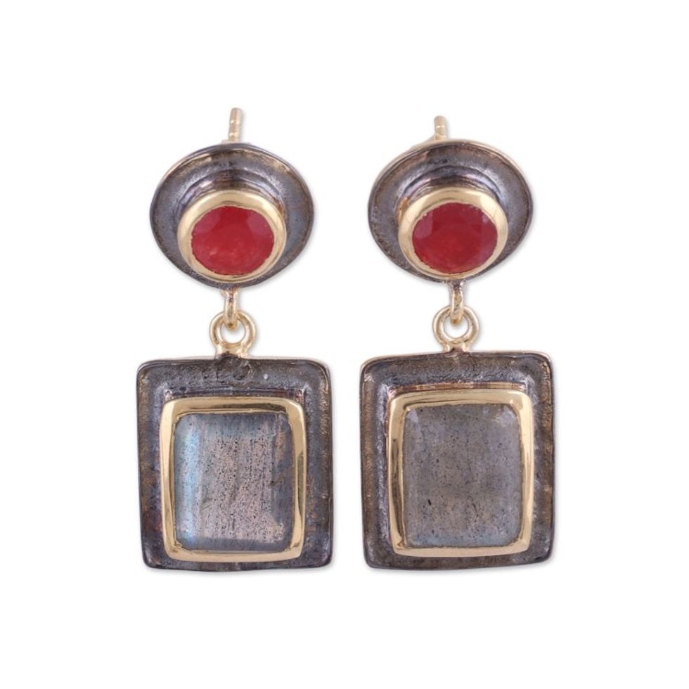 Ruby and Labradorite 18k Gold Accented Dangle Earrings 'Graceful Gems'