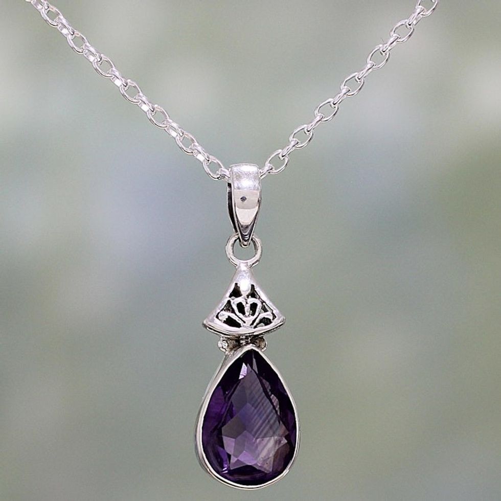 Faceted Amethyst and Sterling Silver Necklace from India 'Lavender Drop'