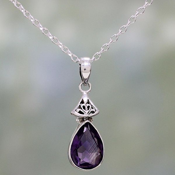 Alternate image for Faceted Amethyst and Sterling Silver Necklace from India Lavender Drop
