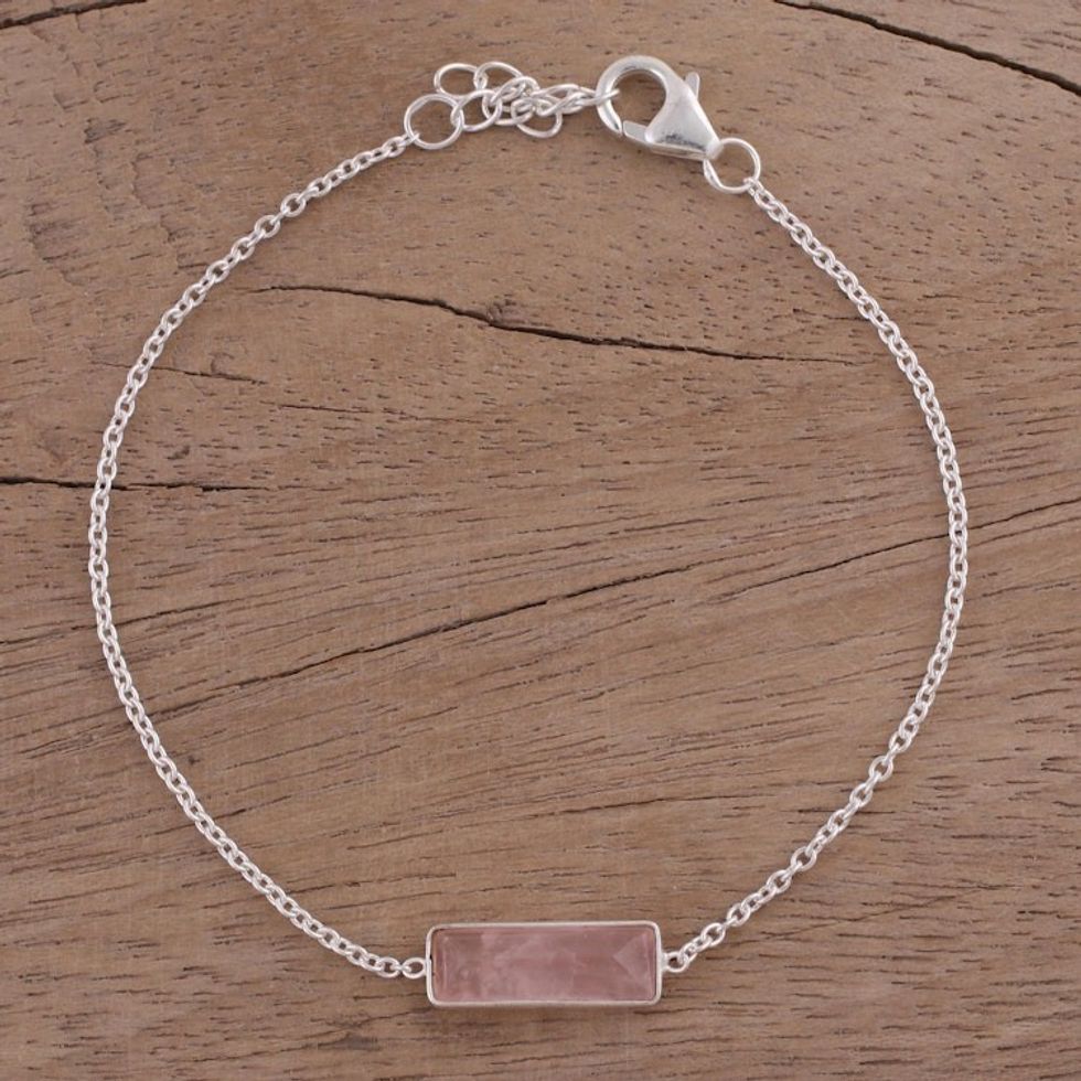 Rose Quartz and 925 Silver Pendant Bracelet from India 'Elegant Prism'