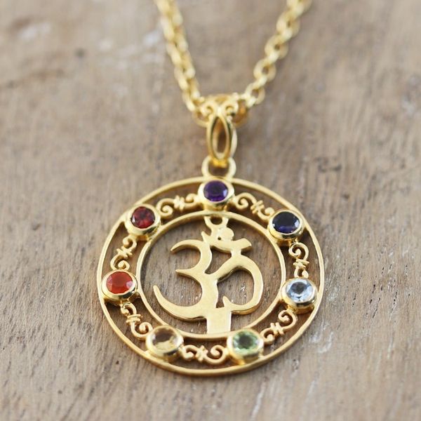Alternate image for 22k Gold-Plated Om Pendant Necklace with Multiple Gemstones Om Divinity