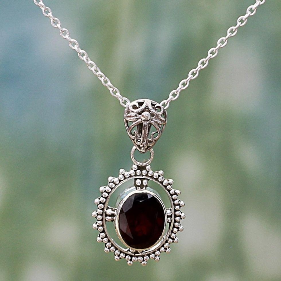 Hand Made Sterling Silver Garnet Pendant Necklace India 'Red Glamour'