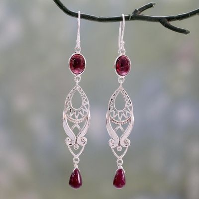 Alternate image for Long Ruby and Garnet Earrings in Sterling Silver from India Mughal Mystery