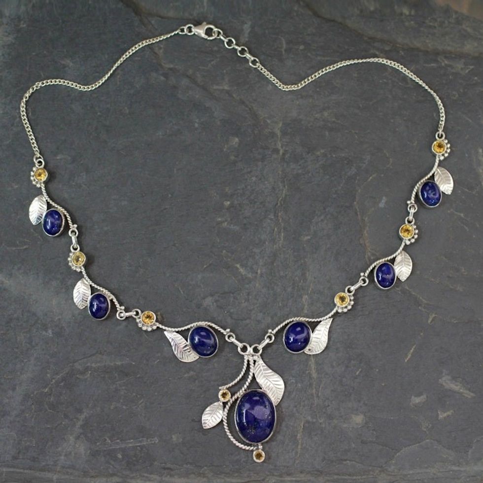 India Jewelry Lapis Lazuli and Citrine Y Necklace 'Dew Blossom'