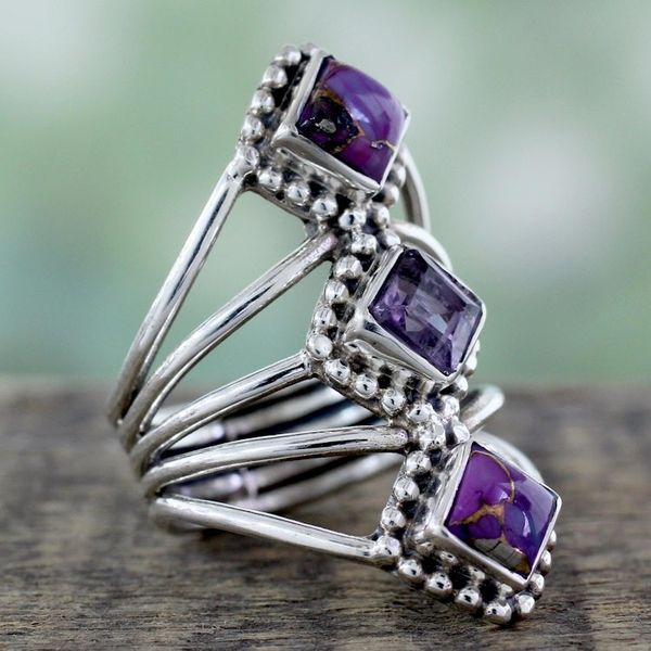 Alternate image for Amethyst and Reconstituted Turquoise Handmade Cocktail Ring Purple Allure