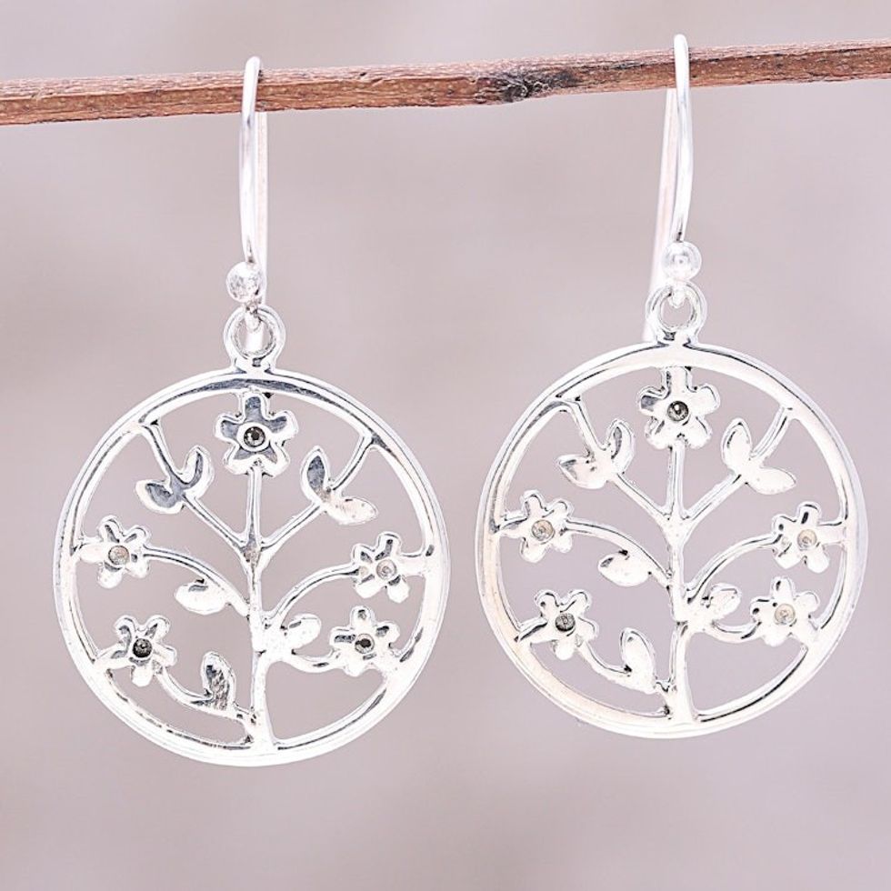 Openwork Floral Sterling Silver Dangle Earrings from India 'Floral Windows'