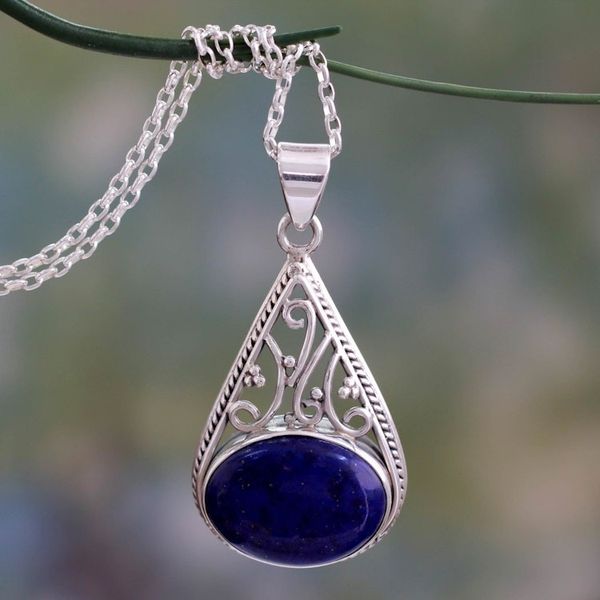 Alternate image for Indian Jali Style Silver Pendant Necklace with Lapis Lazuli Royal Grandeur