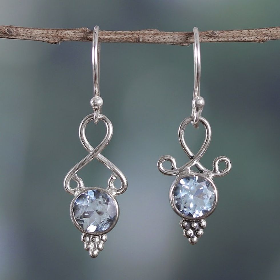 Three-Carat Faceted Round Blue Topaz Dangle Earrings 'Loyal Reflection'