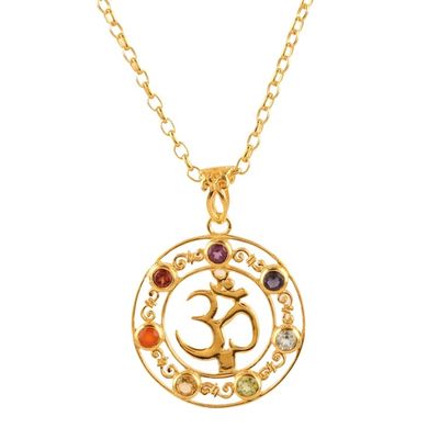 Alternate image for 22k Gold-Plated Om Pendant Necklace with Multiple Gemstones Om Divinity