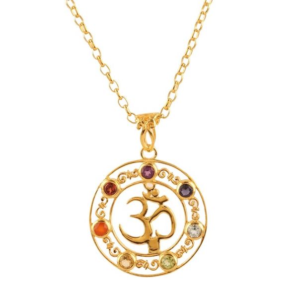 Alternate image for 22k Gold-Plated Om Pendant Necklace with Multiple Gemstones Om Divinity