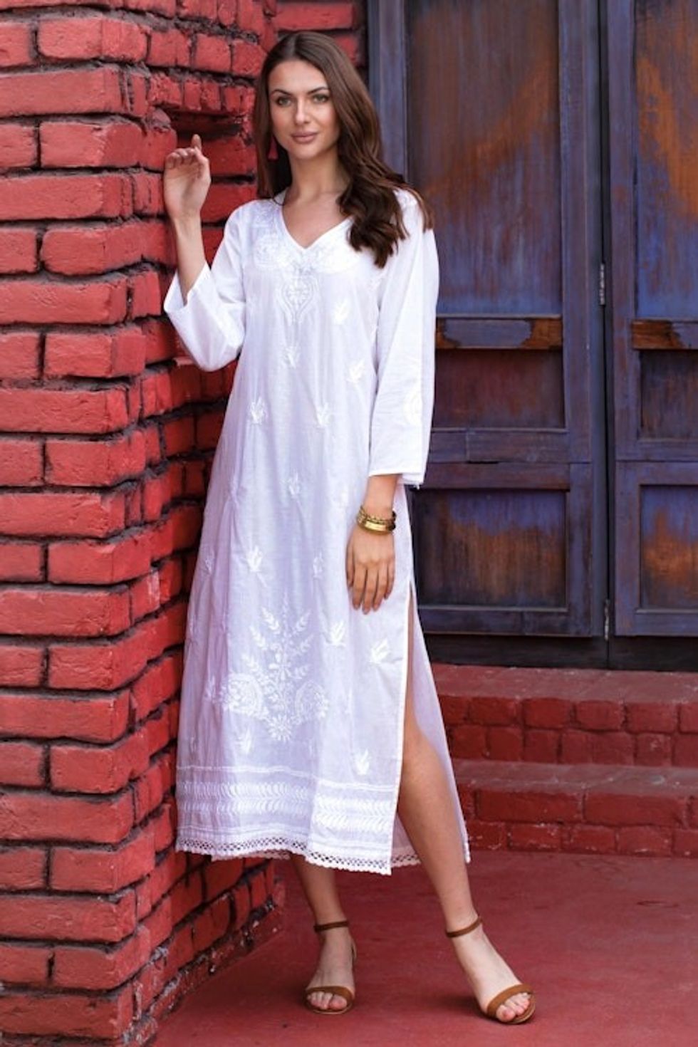 Long White Embroidered Caftan from India 'Lucknow Lily'