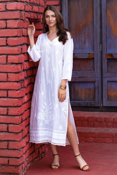 Alternate image for Long White Embroidered Caftan from India Lucknow Lily
