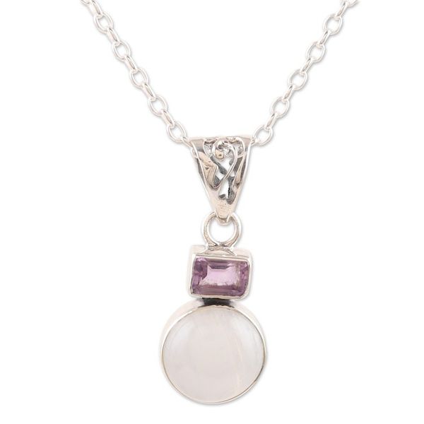 Alternate image for Rainbow Moonstone and Amethyst Pendant Necklace from India Stylish Alliance