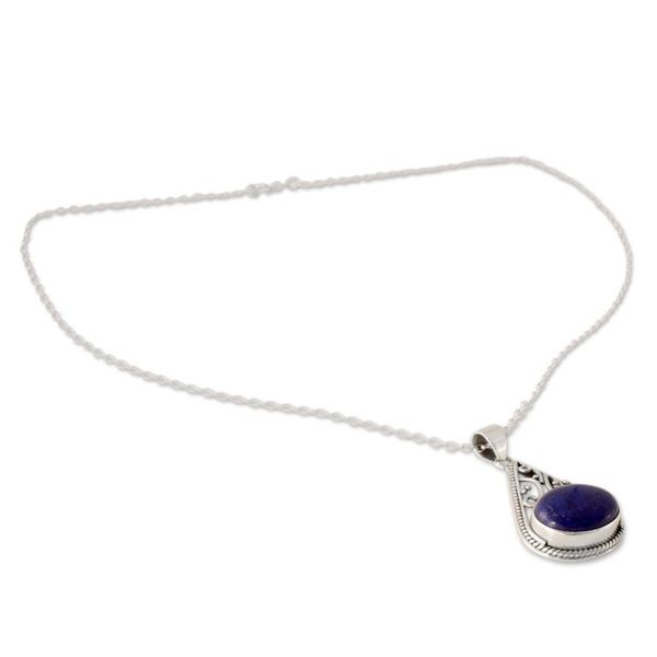 Alternate image for Indian Jali Style Silver Pendant Necklace with Lapis Lazuli Royal Grandeur