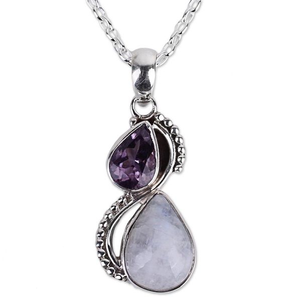 Alternate image for Silver and Rainbow Moonstone Necklace with Faceted Amethyst Two Teardrops
