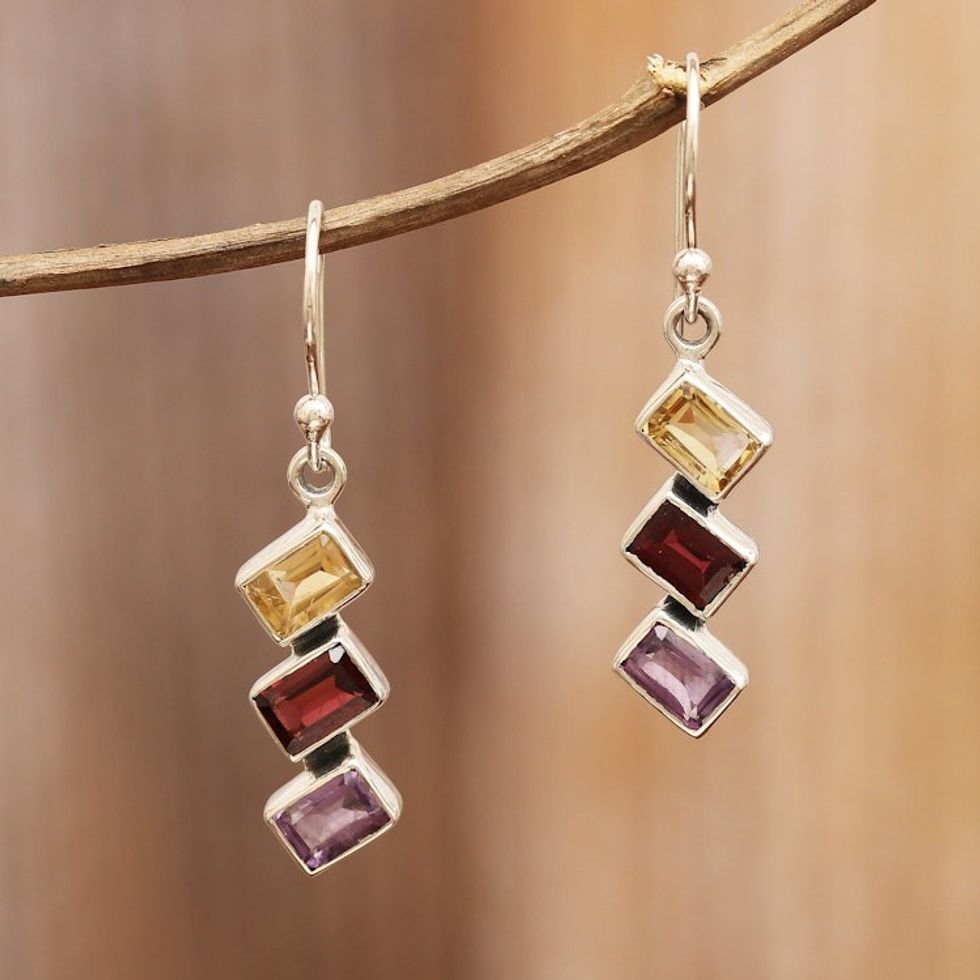 Geometric Multi-Gemstone Dangle Earrings Totaling 3 Carats 'Dazzling Ladders'