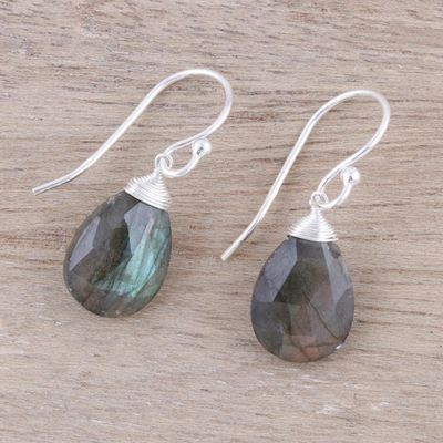 Alternate image for Faceted Labradorite Teardrop Sterling Silver Dangle Earrings Mystical Forest
