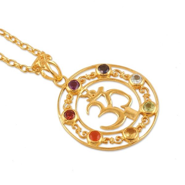 Alternate image for 22k Gold-Plated Om Pendant Necklace with Multiple Gemstones Om Divinity