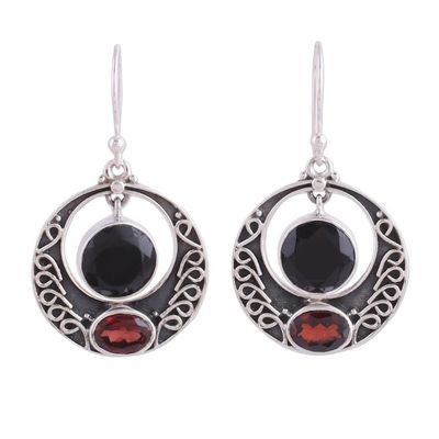 Alternate image for Onyx and Garnet Circular Dangle Earrings from India Dancing Loops