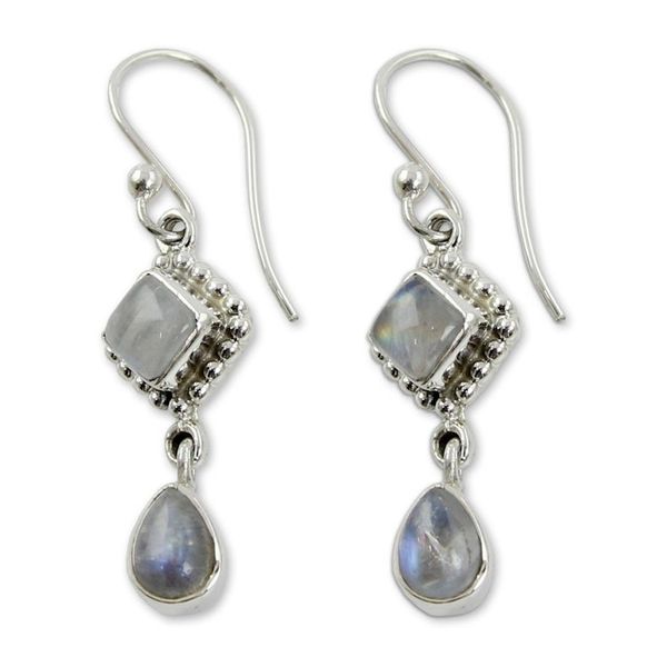 Alternate image for Silver and Rainbow Moonstone Earrings Handmade in India Queen of Diamonds