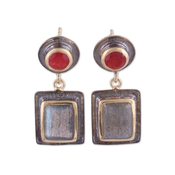 Alternate image for Ruby and Labradorite 18k Gold Accented Dangle Earrings Graceful Gems