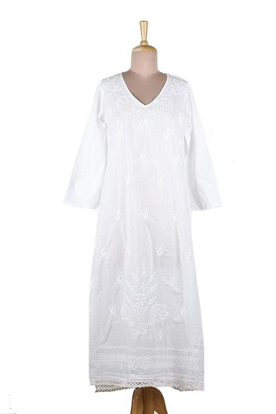 Alternate image for Long White Embroidered Caftan from India Lucknow Lily