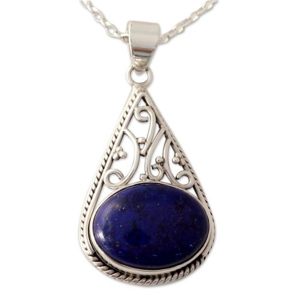 Alternate image for Indian Jali Style Silver Pendant Necklace with Lapis Lazuli Royal Grandeur