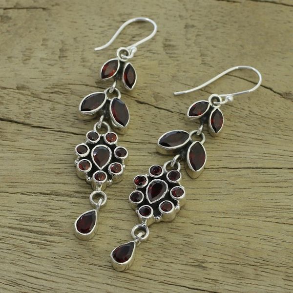 Alternate image for Handcrafted Floral Sterling Silver and Garnet Earrings Red Rose