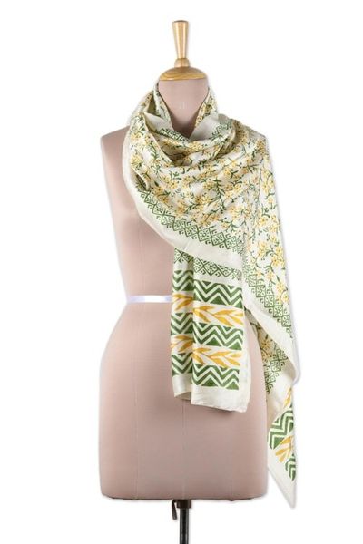 Alternate image for Block-Printed Floral Silk Wrap Scarf from India Autumn Flowers