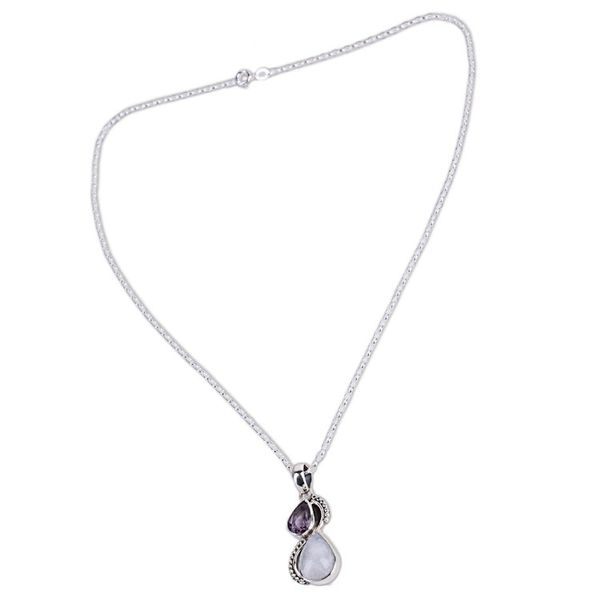 Alternate image for Silver and Rainbow Moonstone Necklace with Faceted Amethyst Two Teardrops