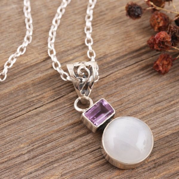 Alternate image for Rainbow Moonstone and Amethyst Pendant Necklace from India Stylish Alliance