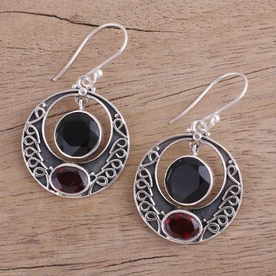 Alternate image for Onyx and Garnet Circular Dangle Earrings from India Dancing Loops