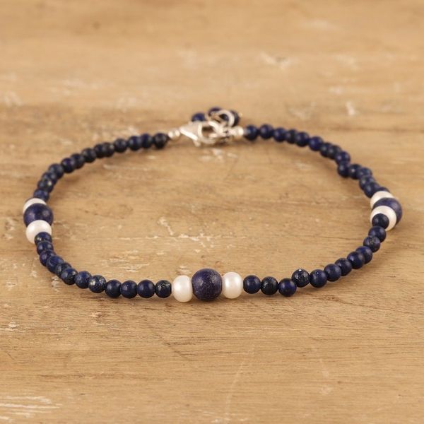 Alternate image for Lapis lazuli and pearl beaded anklet Mystic Truth
