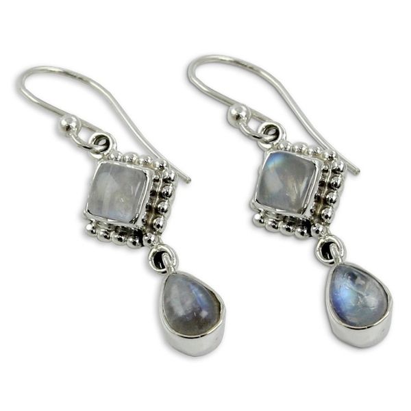 Alternate image for Silver and Rainbow Moonstone Earrings Handmade in India Queen of Diamonds