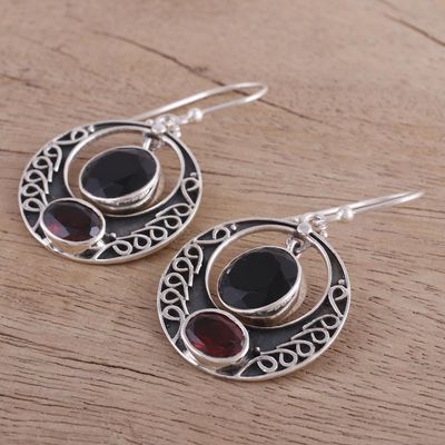 Alternate image for Onyx and Garnet Circular Dangle Earrings from India Dancing Loops