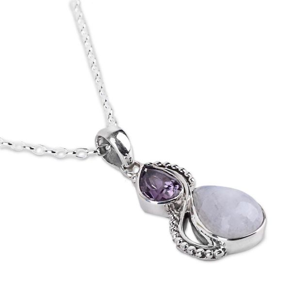 Alternate image for Silver and Rainbow Moonstone Necklace with Faceted Amethyst Two Teardrops